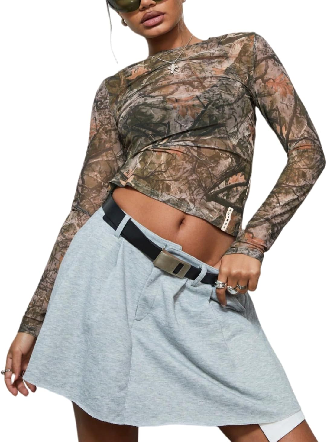 QJQ Women's Sheer Mesh Camo Print Tops Long Sleeve See Through Shirts Going Out Party Club Outfits