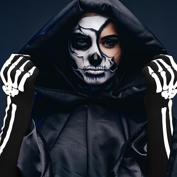 JOVITEC 2 Pairs Skeleton Skull Gloves Long Arm Full Finger Skull Bone Gloves for Halloween Cosplay Parties(Classic Style)