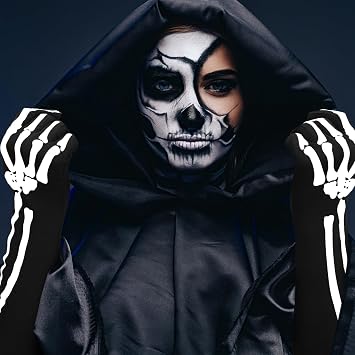 JOVITEC 2 Pairs Skeleton Skull Gloves Long Arm Full Finger Skull Bone Gloves for Halloween Cosplay Parties(Classic Style)