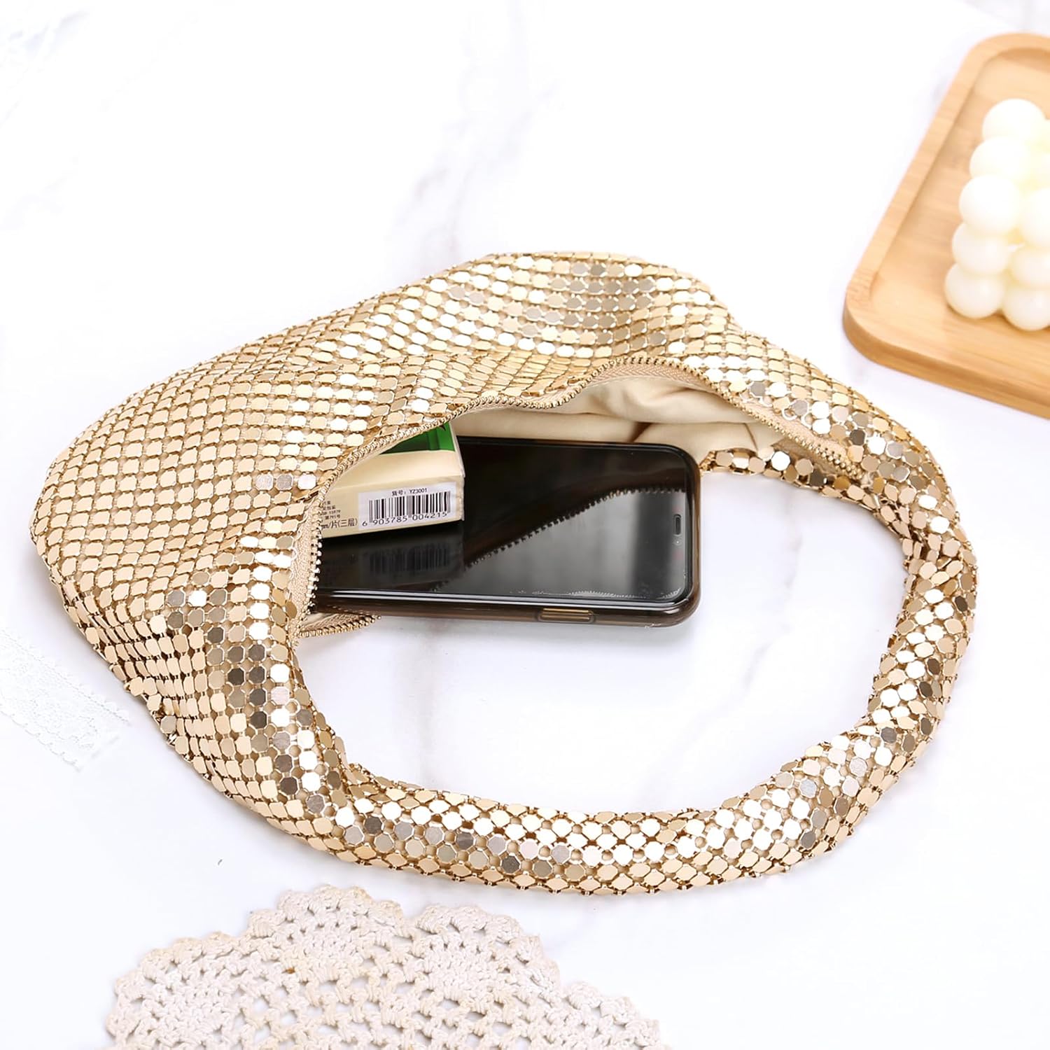 Afashor Womens Metallic Evening Bag Cute Hobo Handbag Fashion Shiny Moon-shaped Shoulder Purse - Image 3