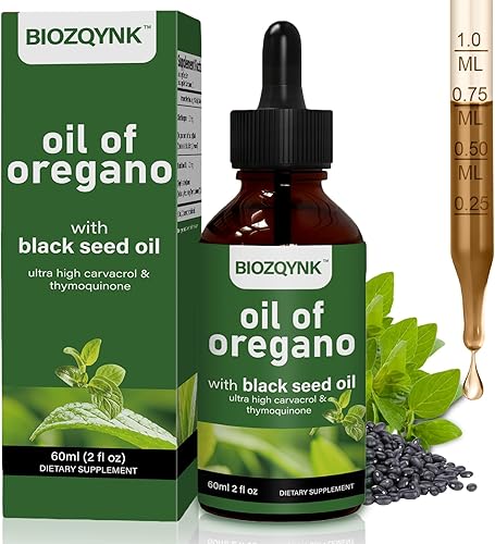 Aceite de orégano en gotas líquidas con aceite de semilla negra, concentrado de alto contenido de carvacrol y timoquinona para apoyo inmunológico,
