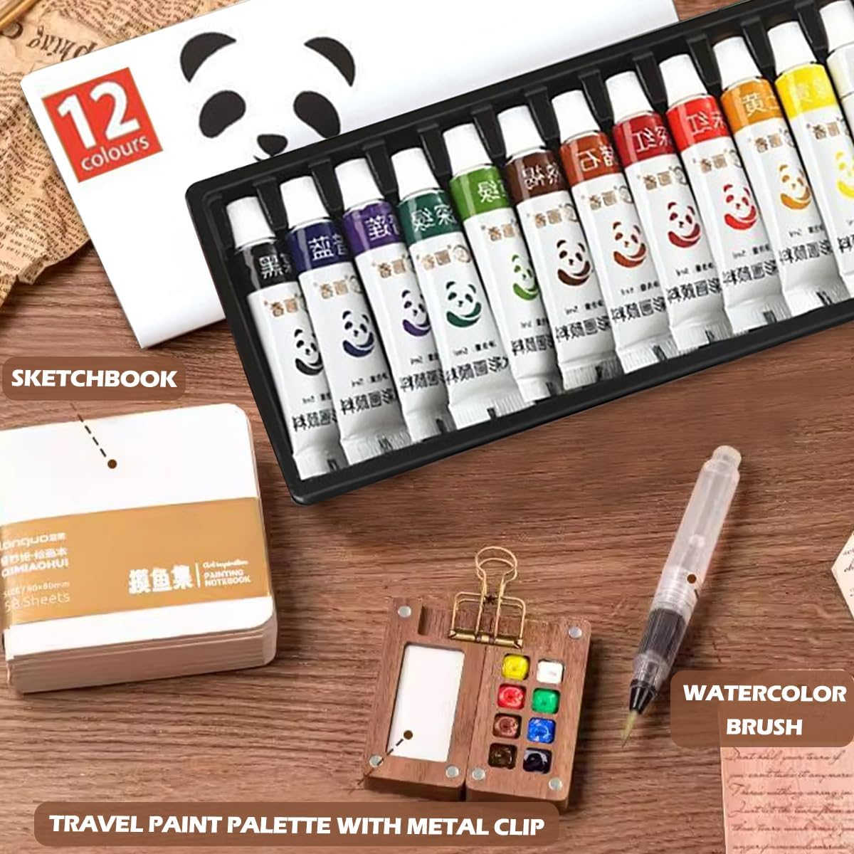 Pocket Artist Watercolor Travel Set, Travel Paint Palette, Wooden Paint Palette Travel Kit, Mini Portable Watercolor Palette with Clip for Artists Painters Students (12 Colors 8 Grid Set)