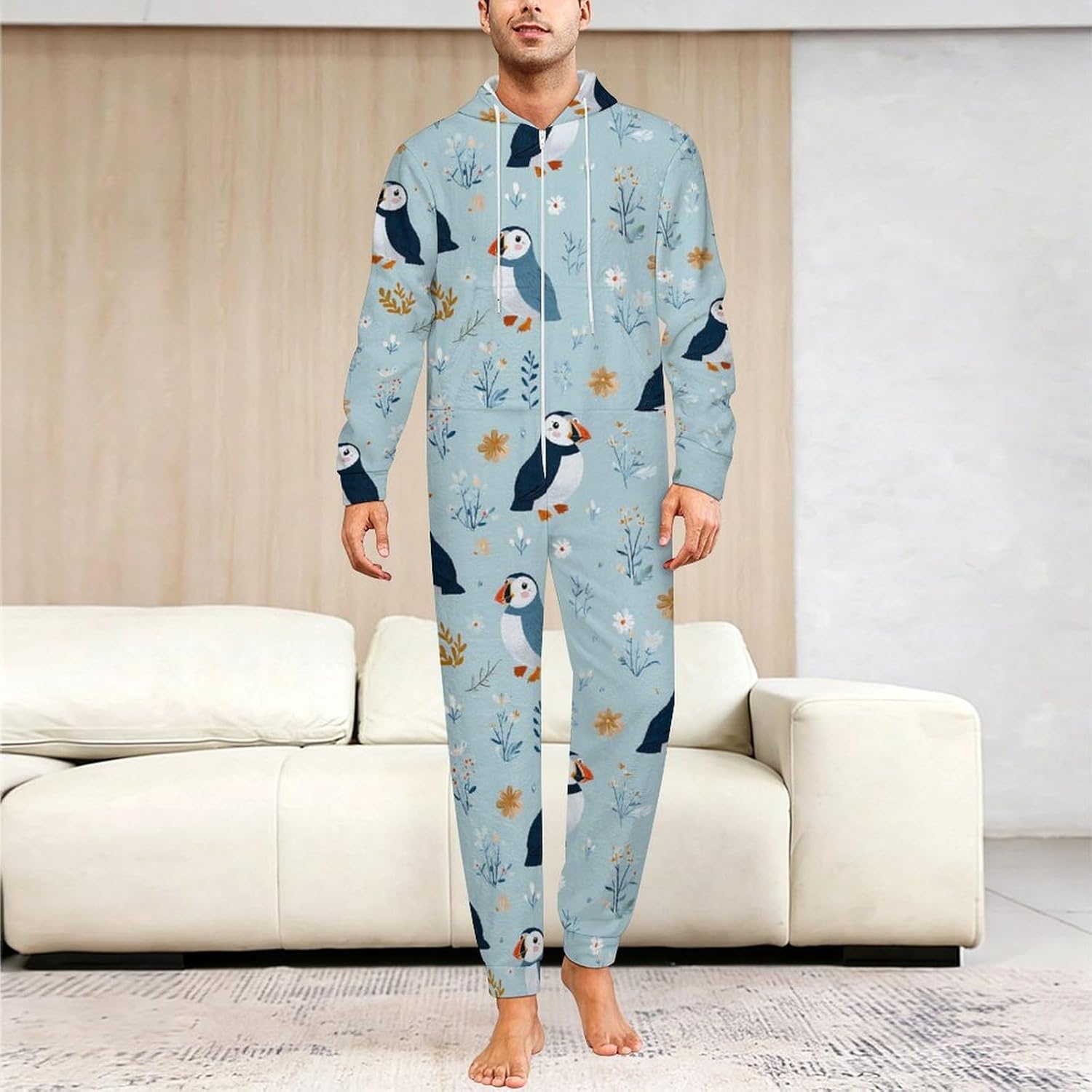 Adult Flannel Hoodie One Pieces Pjs Sets Cute Puffin One-Piece Pajama for Women & Men Soft Warm 4X-Large