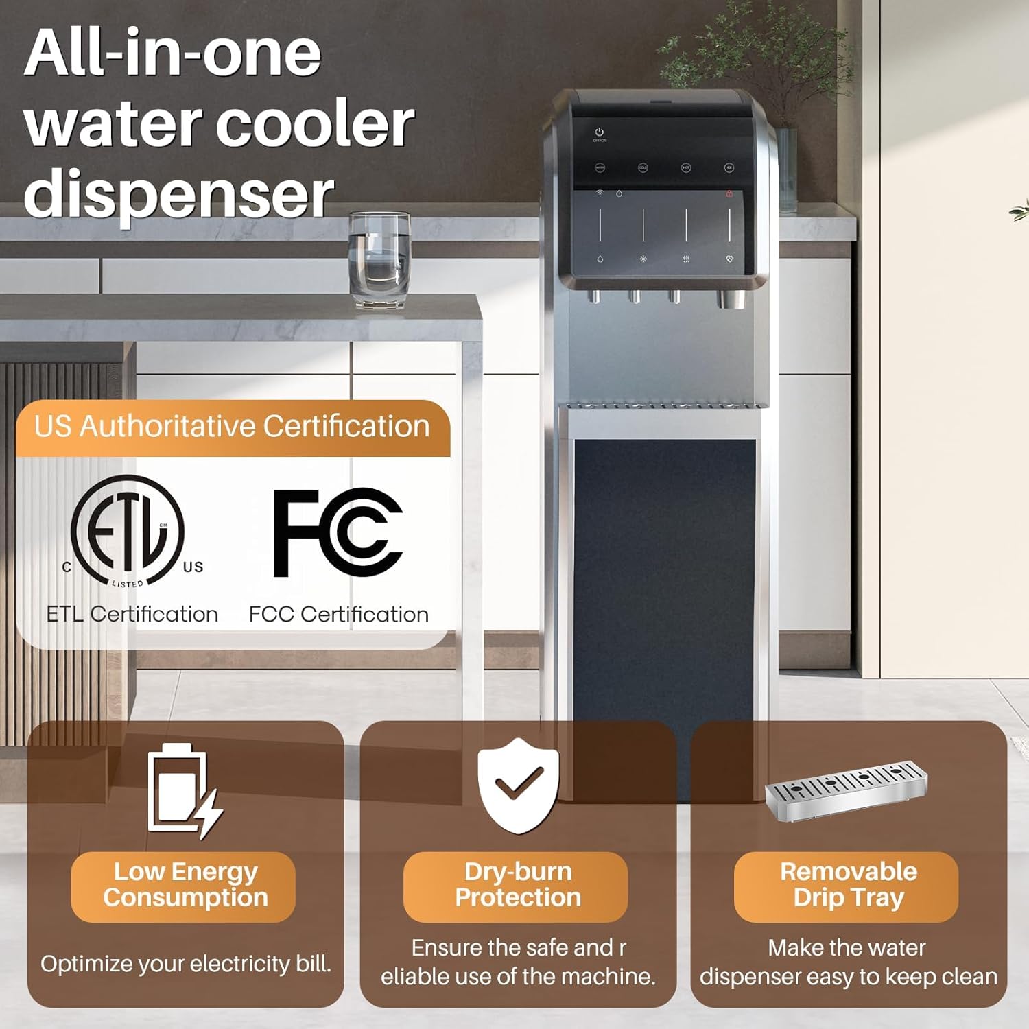 EXCELPURE 5-in-1 Bottom Loading Water Dispenser with Ice Maker, 3 Temperatures Settings - Hot, Cold and Room Water Cooler for 5 Gallon Bottle, Child Safety Lock, 35lbs/24H, WiFi, Stainless Steel