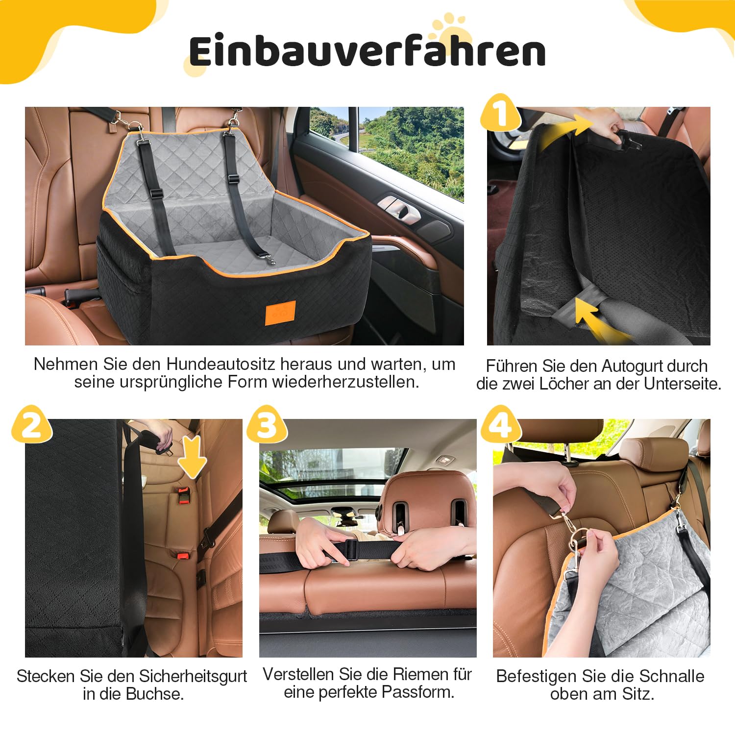 GL GLENSLAVE Hundesitz für große/mittlere Hund,Hundeerhöhungssitz für Hunde unter 25kg oder 2 kleine Hunde, abnehmbar und waschbar Hundesitz mit dicken Kissen und Aufbewahrungstaschen (schwarz/grau)