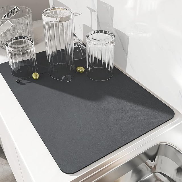 Ewolee Draining Mat, Super Absorbent Dish Drying Mat, Quick Dry Nanofiber Diatomaceous Earth Kitchen Sink Mat, Anti-Slip Drainer Mat for Kitchen Counter 40 x 30cm(Grey), ESCURREPLATO-01