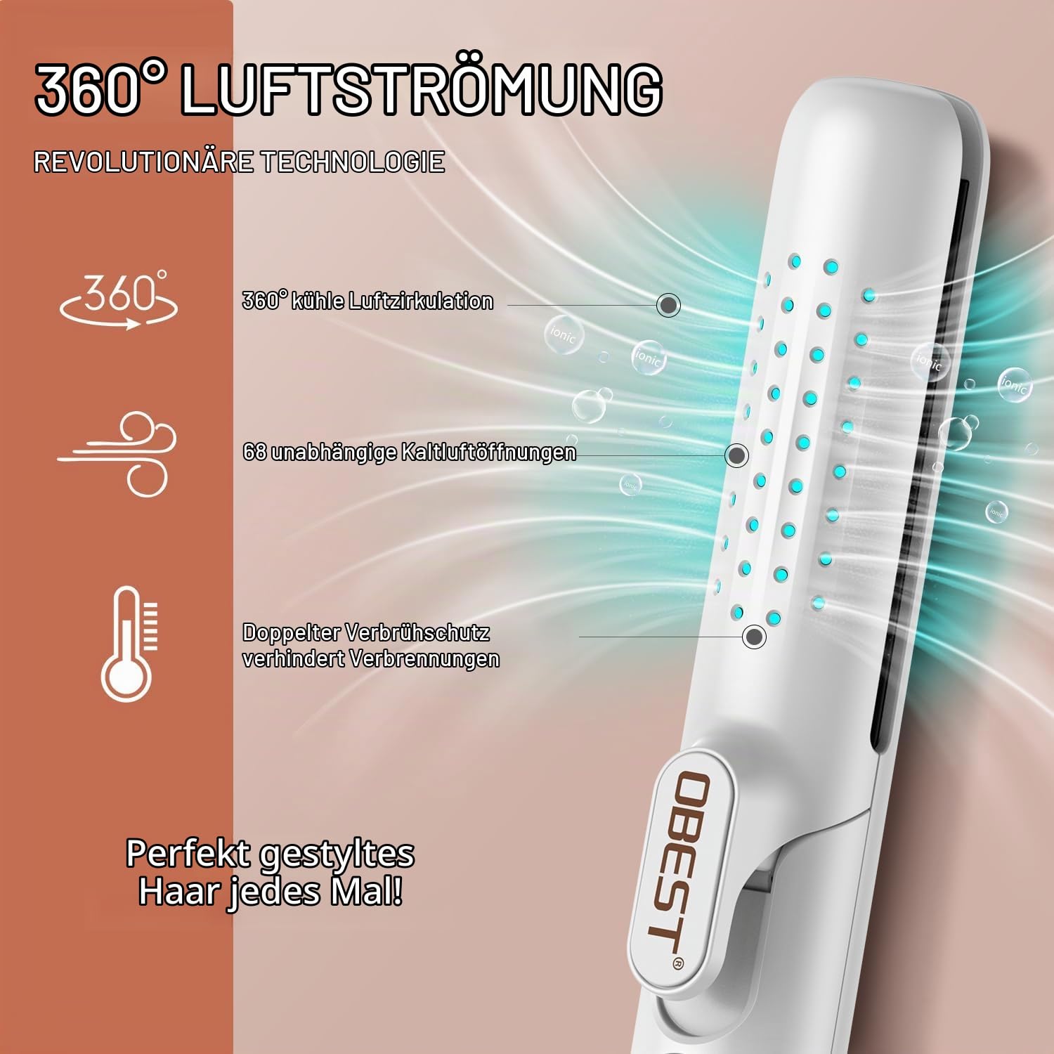 OBEST Airflow Curler Haarglätter und Lockenstab 2 in 1, Glätteisen Lockenstab, 30s Schnellaufheizung, 5 Temperaturstufen (140℃-220℃), Reisefreundlicher Dualspannung-Styler (Weiß)