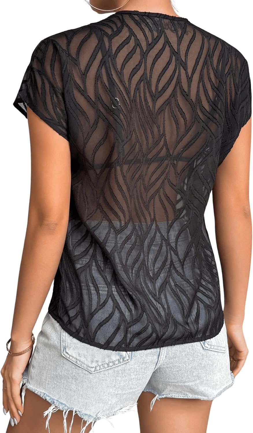 SweatyRocks Women's Sheer Mesh See Through Short Sleeve Blouse V Neck Plain Tee Shirt Tops - Image 2