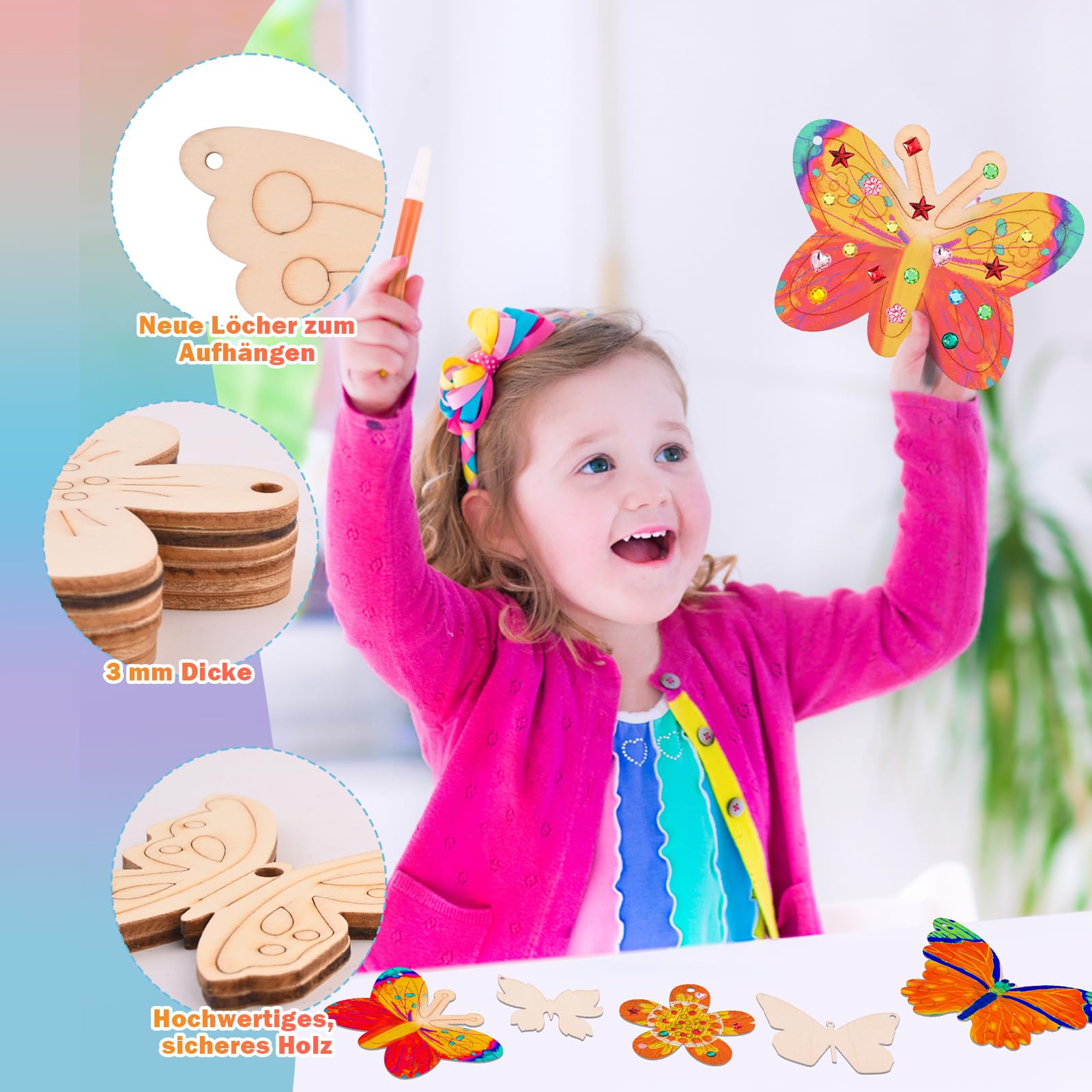 Kit De Manualidades Con Mariposas De Madera - 48 Piezas, 12 Lápices De Acuarela Y 4 Láminas De Pegatinas De Diamantes