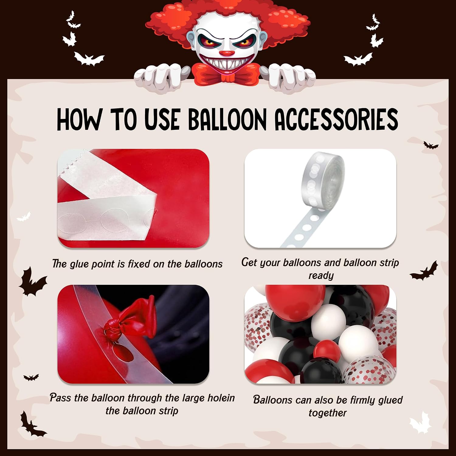 Lofaris 124 Pcs Trunk or Treat Car Decorations kit Halloween Circus Spooky Clown Carnival Party Supplies with Creepy Banner, Red Black Balloons, Tinsel Fringe Curtains for Photo Booth Backdrop