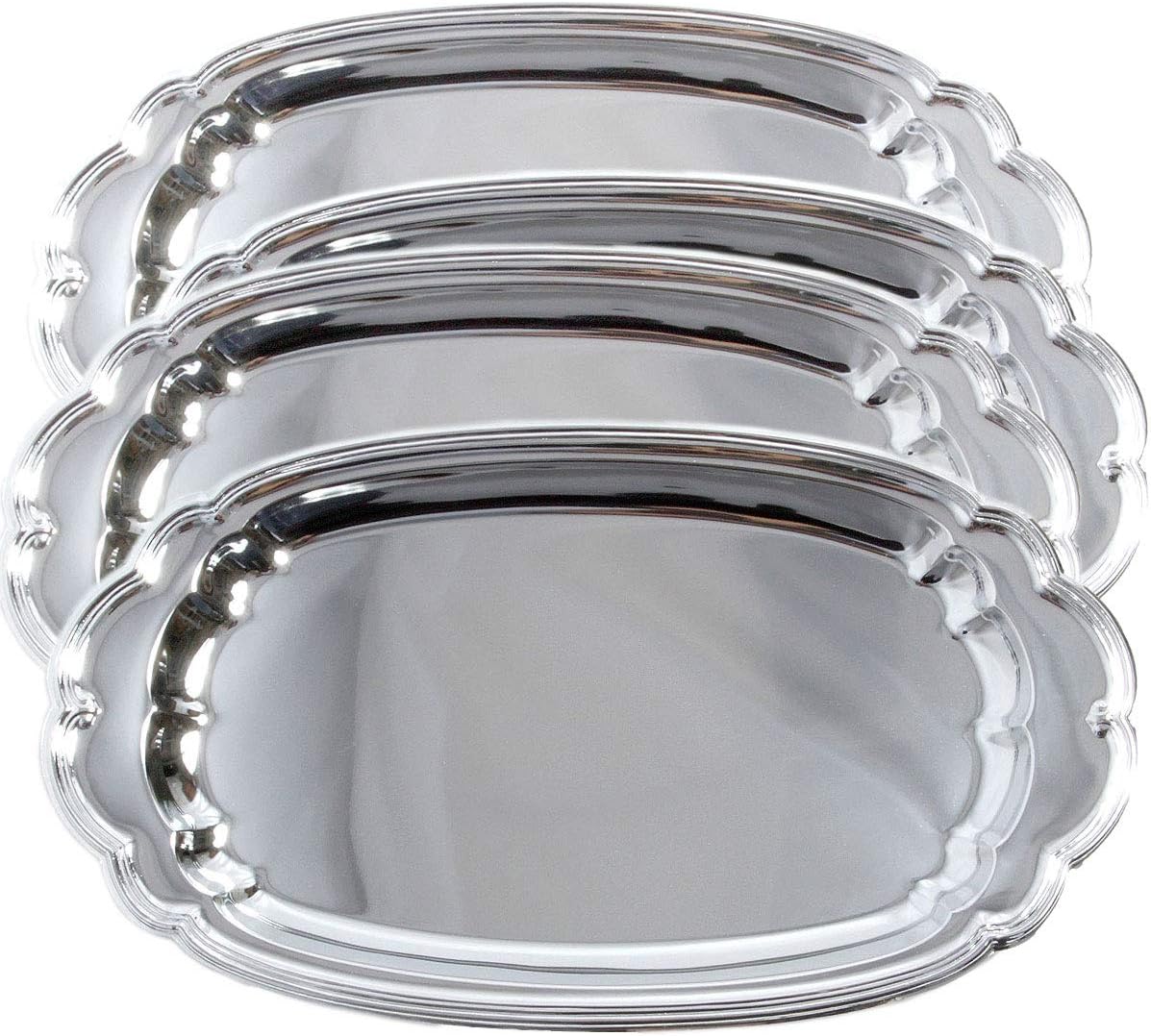 (Pack of 4) 12" x 7.1" Traditional Oval Catering Plain Design Chrome Plated Serving Tray Plate Silver Metal Mirror Taco Snack Chips Dessert Platter Wedding Party (Small) T193S-4PK