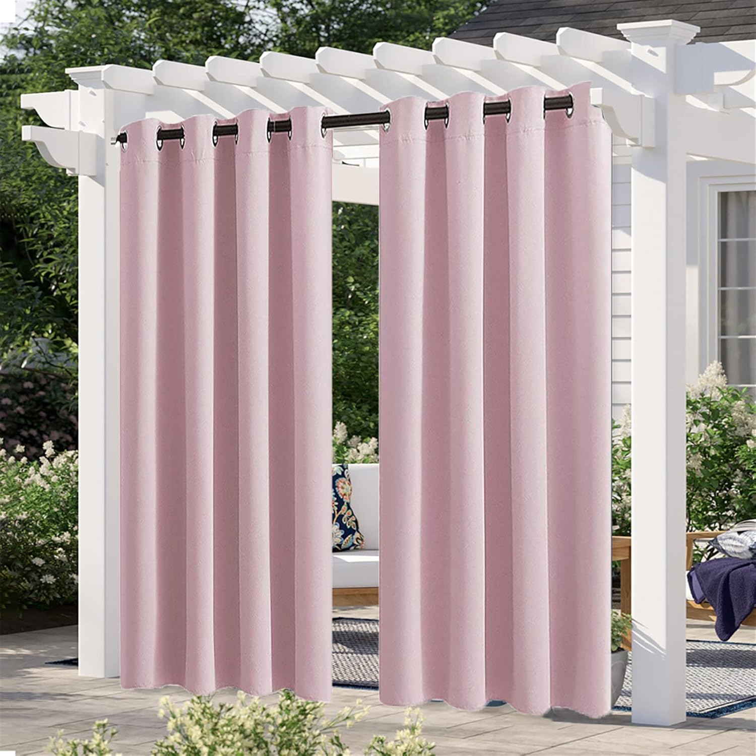 Set of 2 Panels Waterproof Outdoor Curtains Thermal Insulated Sun Blocking Blackout Grommet Curtains for Patio Pergola,Gazebo,Sliding Door 100 x 108 Inch Pink
