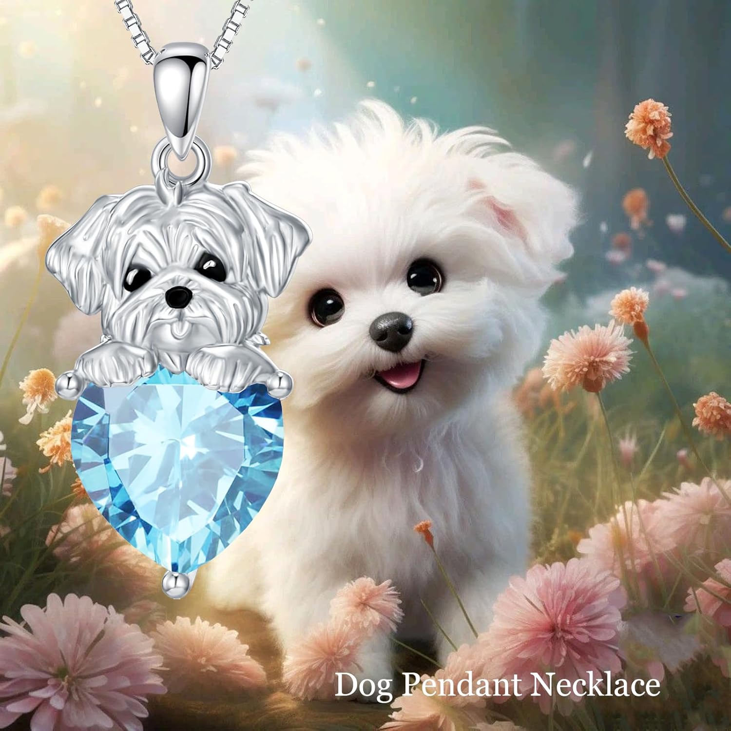 LONAGO Maltese Dog Pendant Necklace with Synthetic Birthstone Silver Dog Necklace Gift for Women