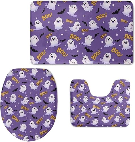 Halloween Toilet Seat Cover and Rug Set Fluff Non Slip Bathroom Rugs Sets Easy to Clean Bathroom Mat Sets 3 Piece Machine Washable Shower Rug for