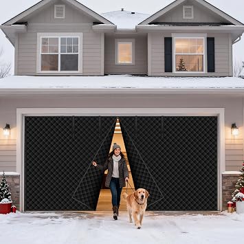 Winter Garage Door Screen,16 x 7Ft Garage Door Insulation Kit 2 Car, Magnetic Thermal Insulated Garage Cover Curtain,Heavy Duty Garage Privacy Screen, Weatherproof Soundproof, Blackout