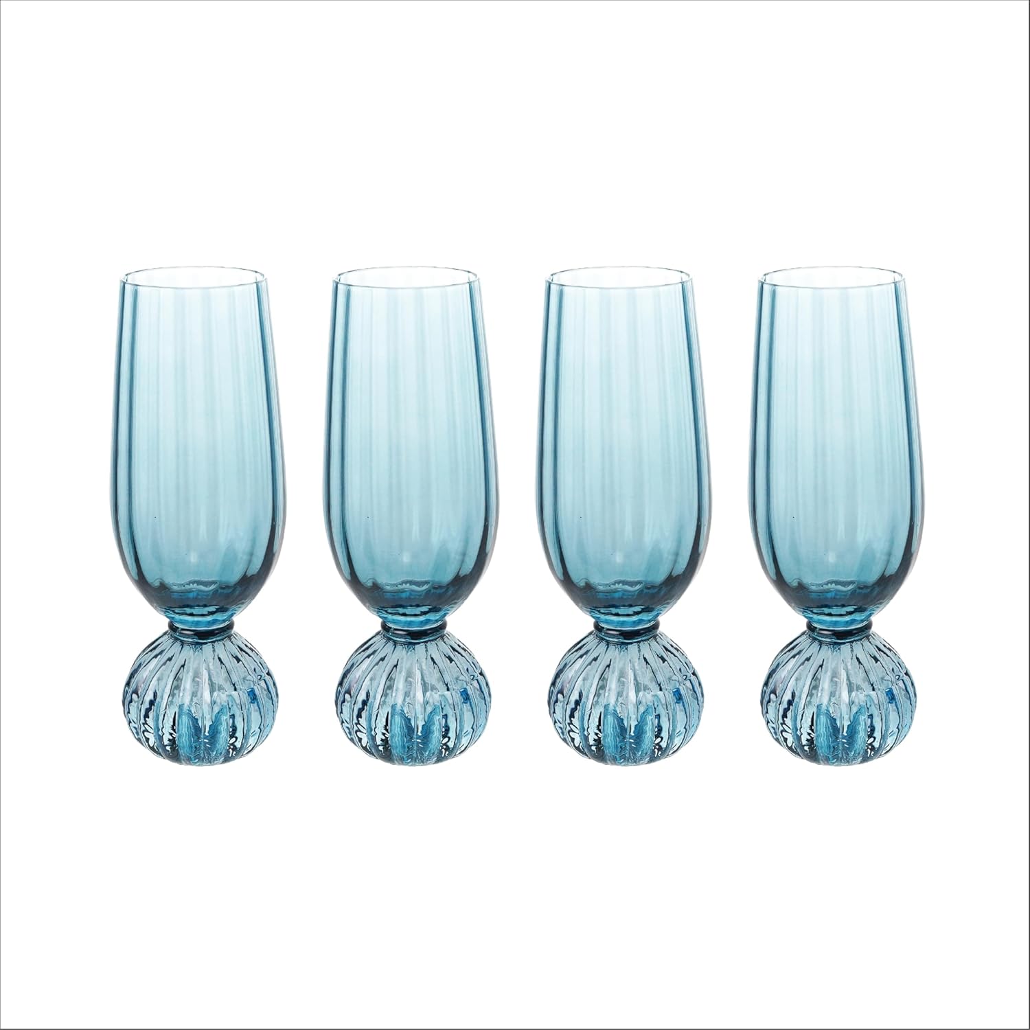 Bloomingville 8-Ounce Pleated Footed Champagne Glass, Blue, Set of 4