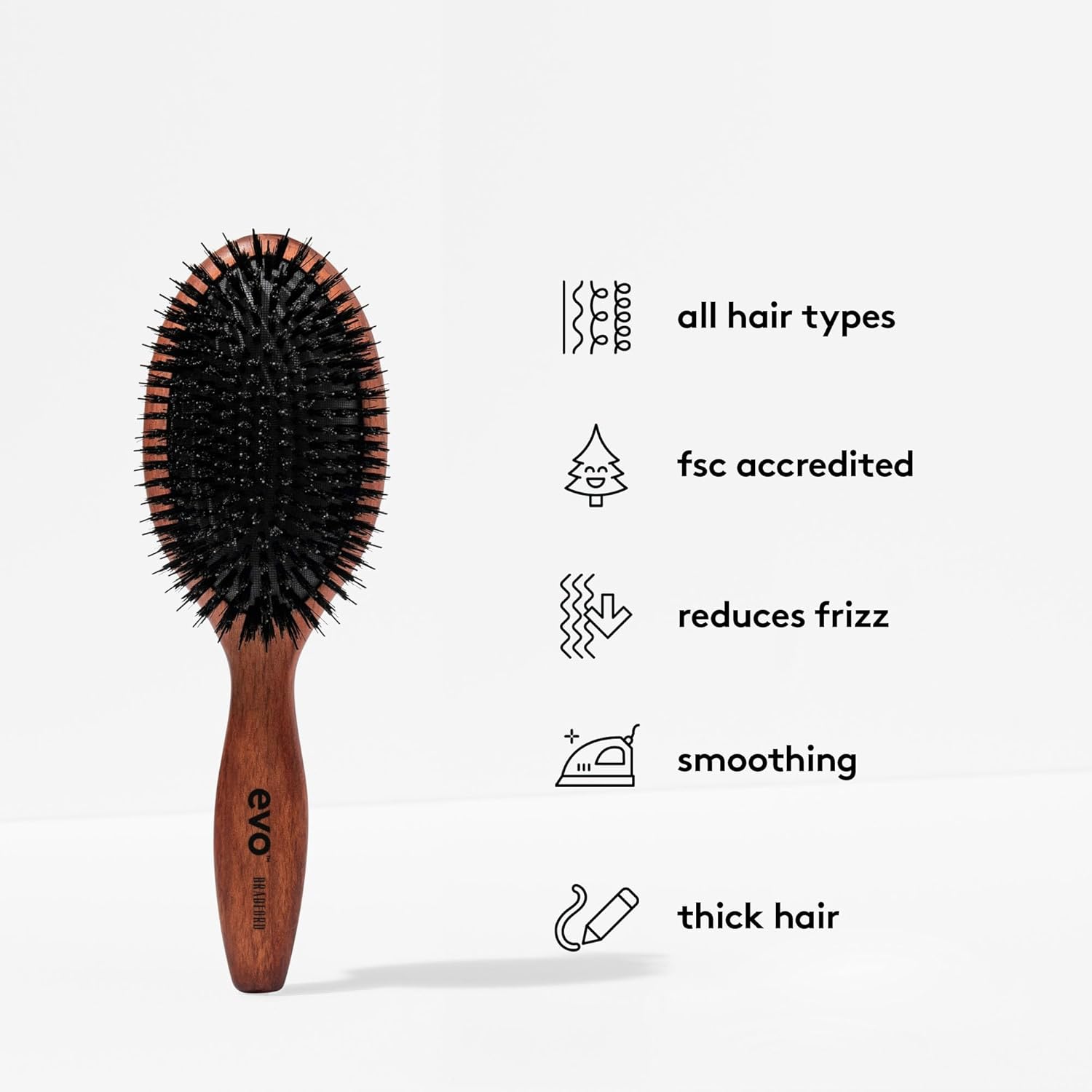 Evo Bradford Boar Bristle Hair Brush for Frizzy, Long, Wavy, Thick & Curly Hair - Detangles & Smooths