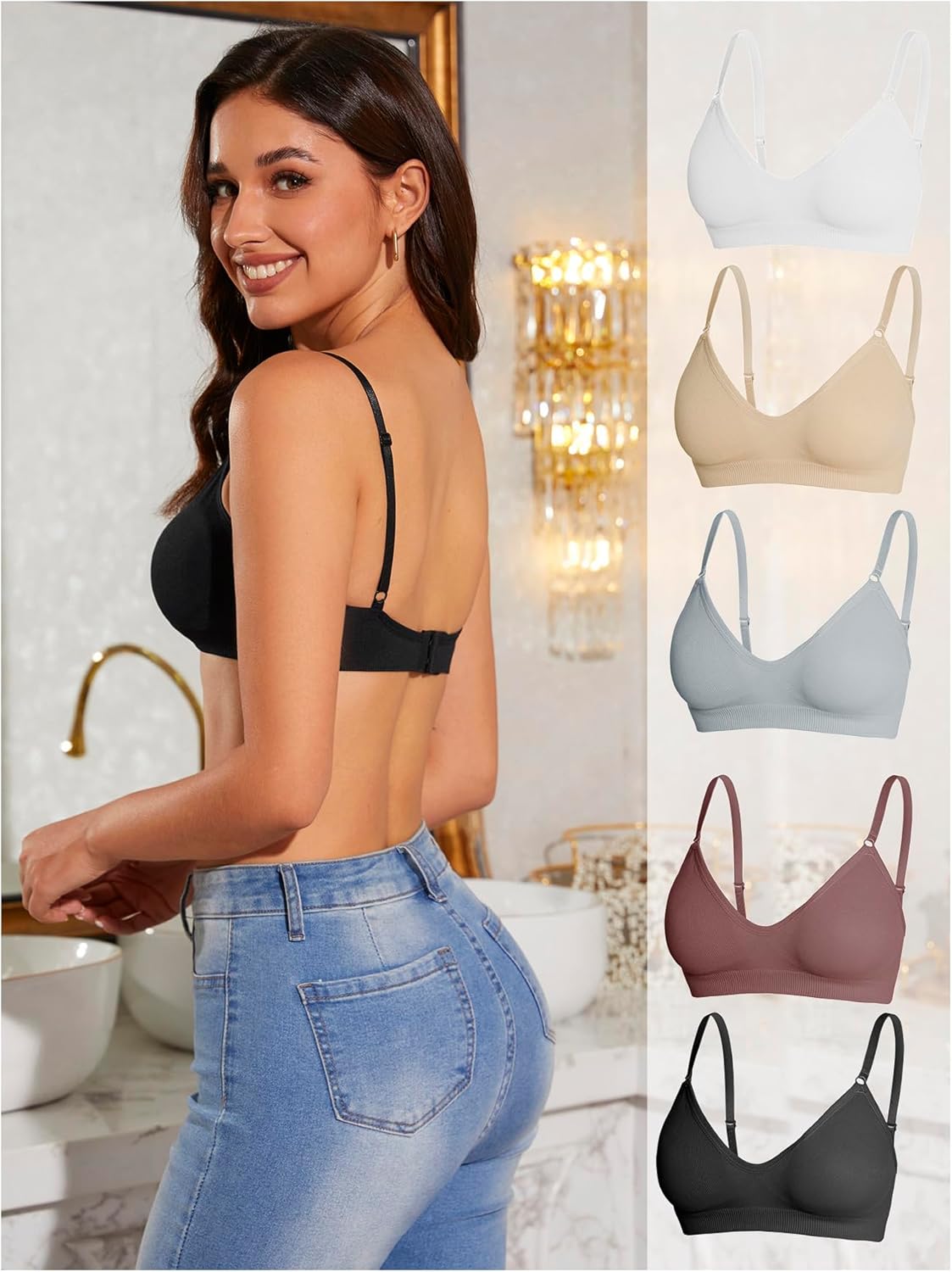 OYOANGLE Women's 5 Pieces Rib Knit Spaghetti Strap V Neck Wireless Bra Set Seamless Solid Plain No Padded Bralette - Image 2