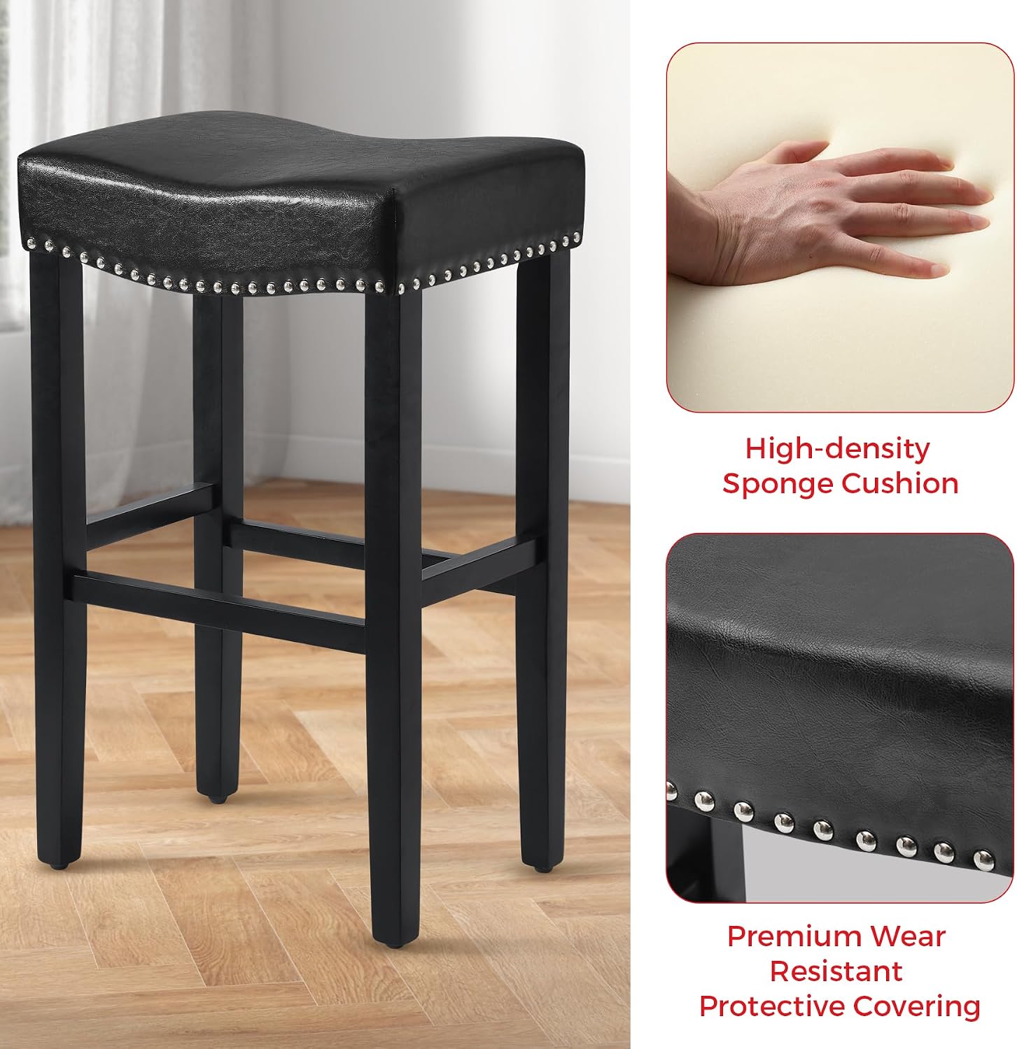 Costaelm 29" Upholstered Counter Height Bar Stools Set of 3, Backless Kitchen Island Stools with Linen Cushion, Wooden Bar Stool Saddle Stool for Dining Room Home Bar Decor, Black/Black