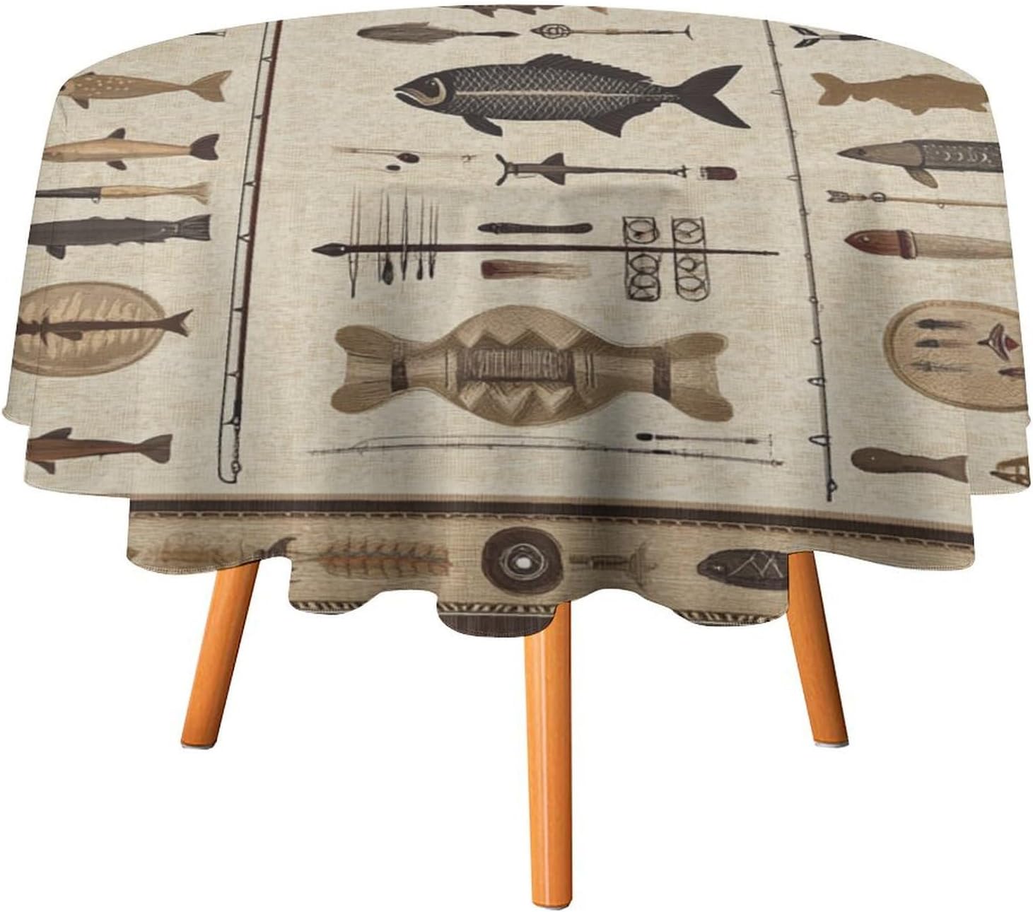 Patchwork Hunting Fishing Table Cloth for Dining Table Vintage Brown Indian Feather Round Tablecloth for Kitchen Home Decor Holiday Party, 70 Inch