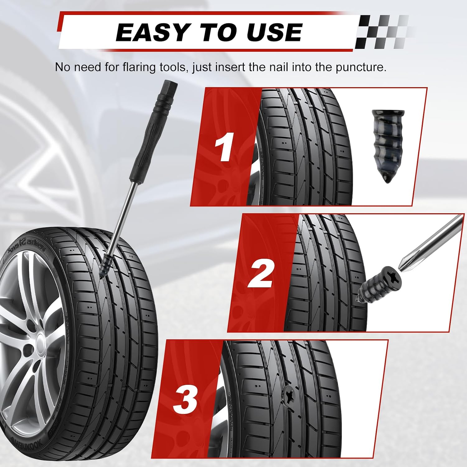 Rindion 30PCS Tire Repair Rubber Nail Kit, Self-Service Tire Repair Screws with 2 Sizes, Screw in Tire Plugs with Screwdriver, Tire Plugs Screw Type for Car, Truck, Motorcycle, Tractor