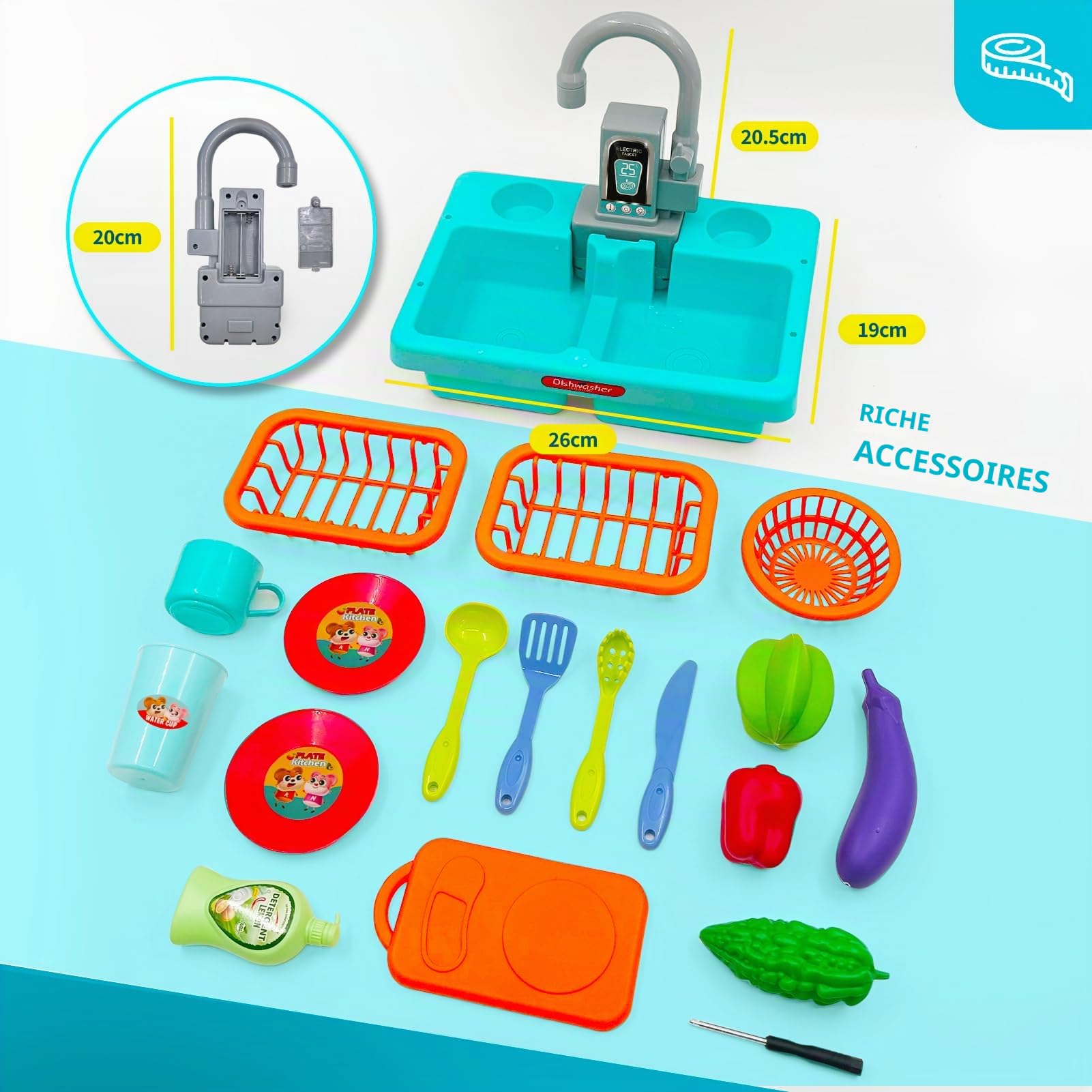 Acelane Jeu d'Évier de Cuisine pour Enfants avec Robinet à Recyclage d'Eau, Jouets de Cuisine Accessoires avec Robinet Enfant Pompe, Évier Jouet Enfants 3+ Ans avec légumes jouets - Jeu de Rôle (Bleu)