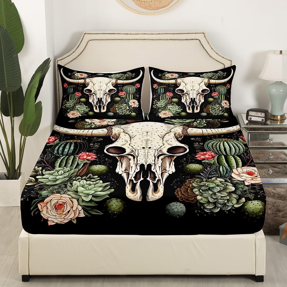 Erosebridal Boho Cow Skull Bedding Set Queen for Cowboy Western Fitted Sheet Cactus Flowers Black Skeleton Decor Bed Sheets Botanical Floral Leaves Southwestern Sheets with 2 Pillowcases