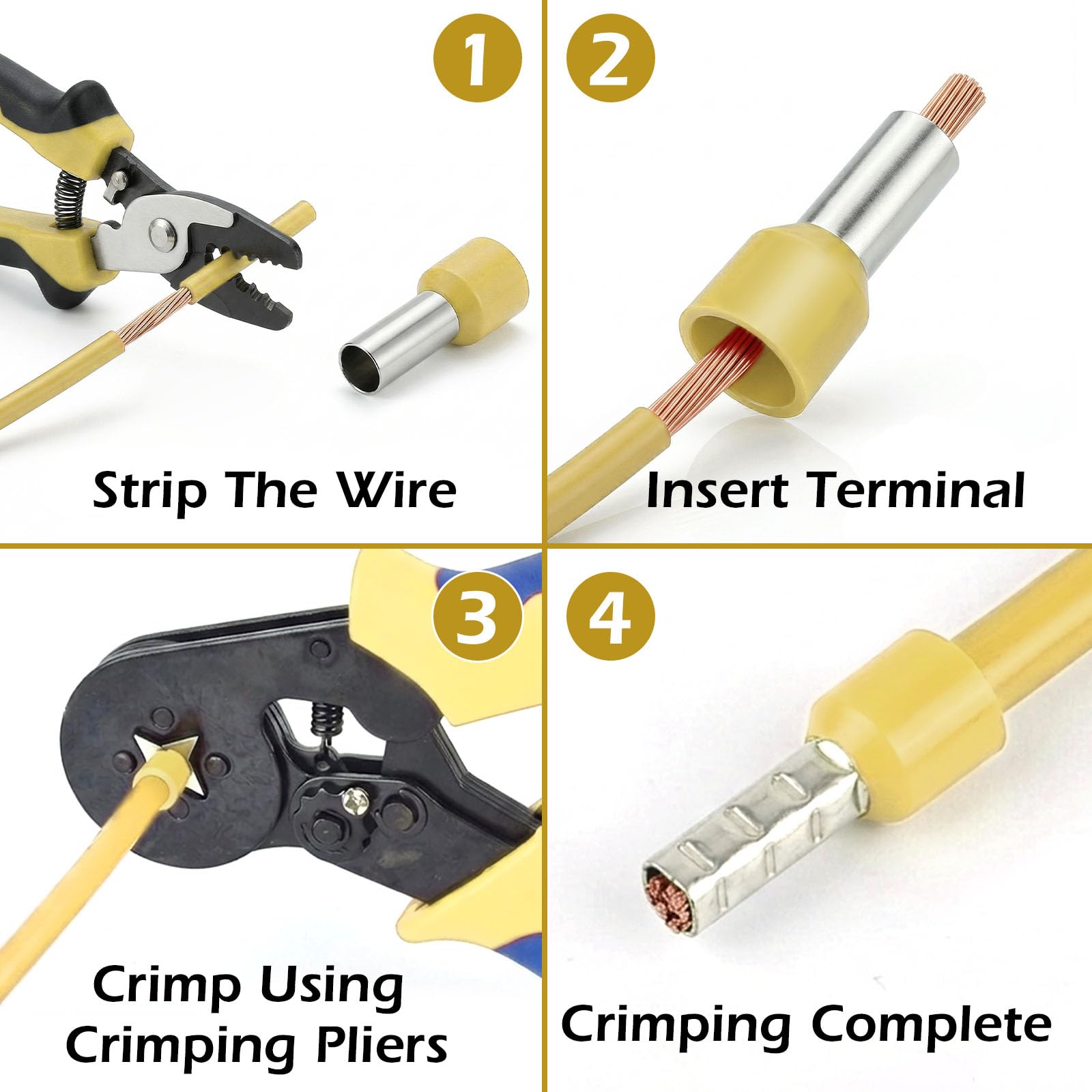 Lote de 200 Terminal del Extremo del Cable 6mm²x12mm, Juego de Férulas para Cable, Conexiones para Cables Electricos,Conector de Crimpado de Alambre Cobre para conexiones de cables （Amarillo）