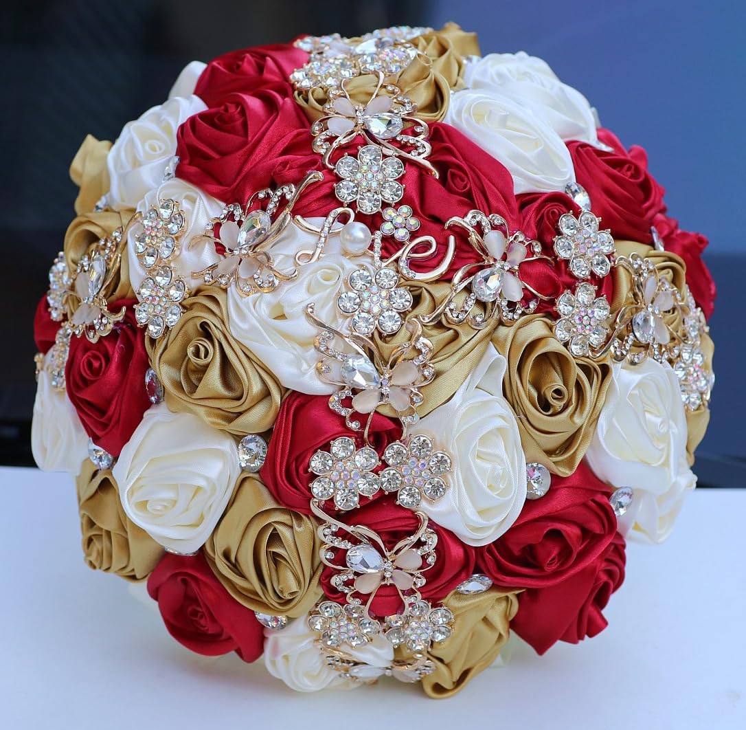 5.9" Mini Bridal Bouquet Handmade Satin Rose Round Wedding Bouquet Throw Toss Artificial Flower Bunch Ivory + Ruby Red + Pale Gold
