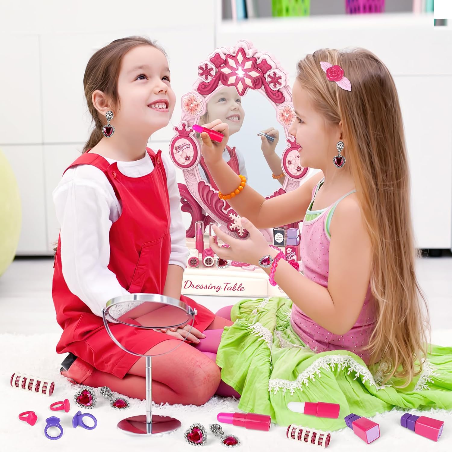 deAO Kids Vanity Table and Chair Set with Mirror and Chair, Toddler Vanity with Light & Music, Pretend Play Makeup & Hair Dryer Toy, Beauty Salon Gift for Girls Ages 3-5