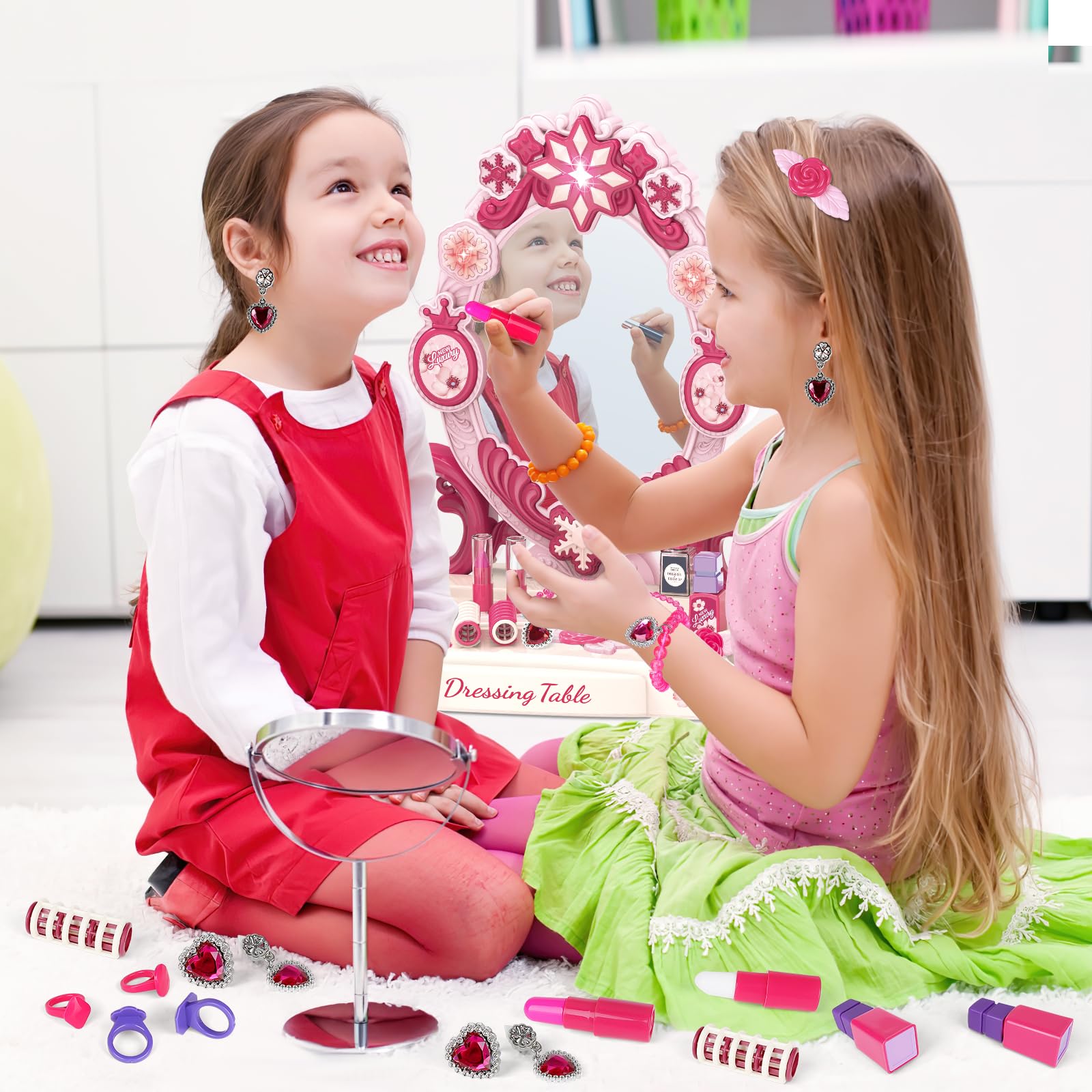 deAO Set Parrucchiera Bambina con Sgabello, Specchiera Trucco Bambina con Musica, Luce Salon Bambini Trucco Set per Ragazze Giochi Bambini da 3 Anni (Rosa)