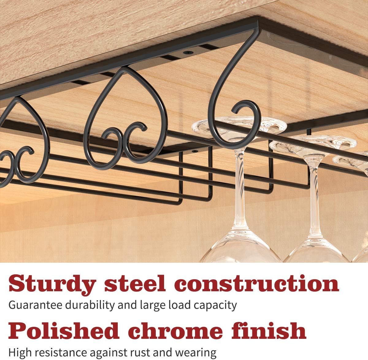 Housolution Wine Glass Rack Under Cabinet, 3 Rows Heart-Shaped Stemware Rack Wine Glass Hanger Rack Storage Hanger for Kitchen Bar - Black