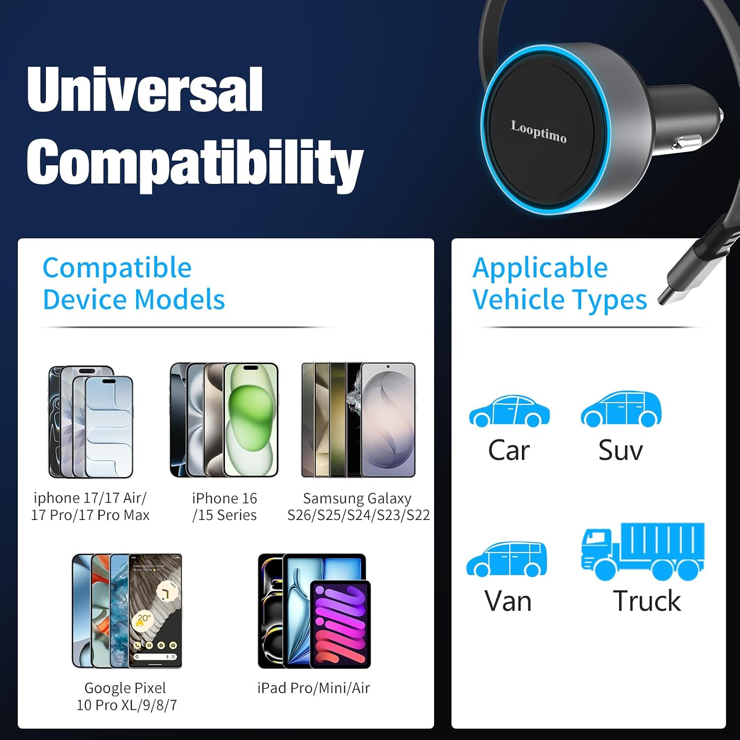 Retractable Car Charger USB C, 90W Phone Cigarette Lighter Adapter USB-C Fast Charging Plug Car Accessories for iPhone 17 16 15 Pro Max, iPad, Android, Built-in Type-C Cable, Gifts for Women Men