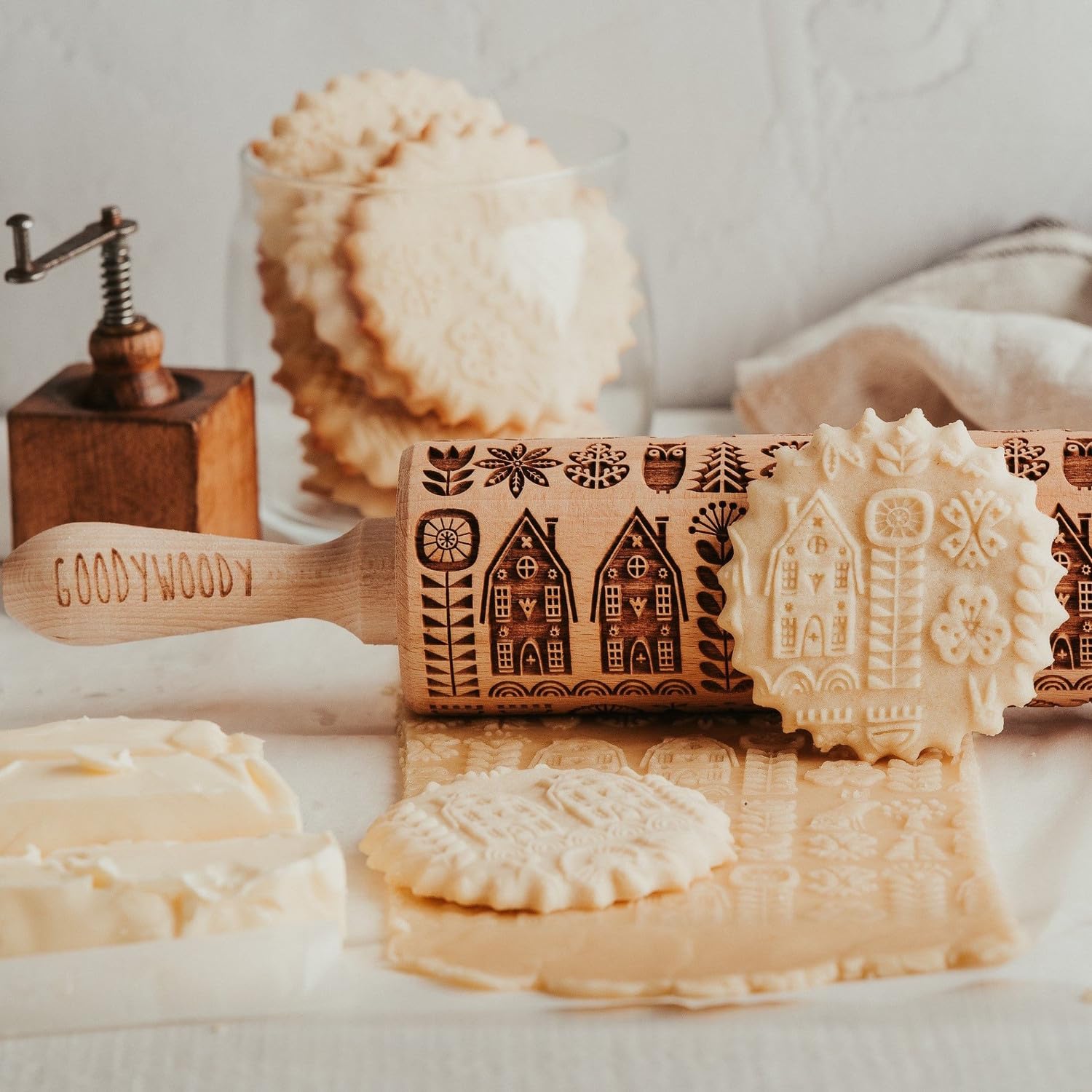 Starmann Rodillo Grabado Fabricado en Madera de Haya con Dibujos en Relieve Profundo y Mangos Ergonómicos | Incluye Cepillo de Limpieza (Estilo Escandinavo)
