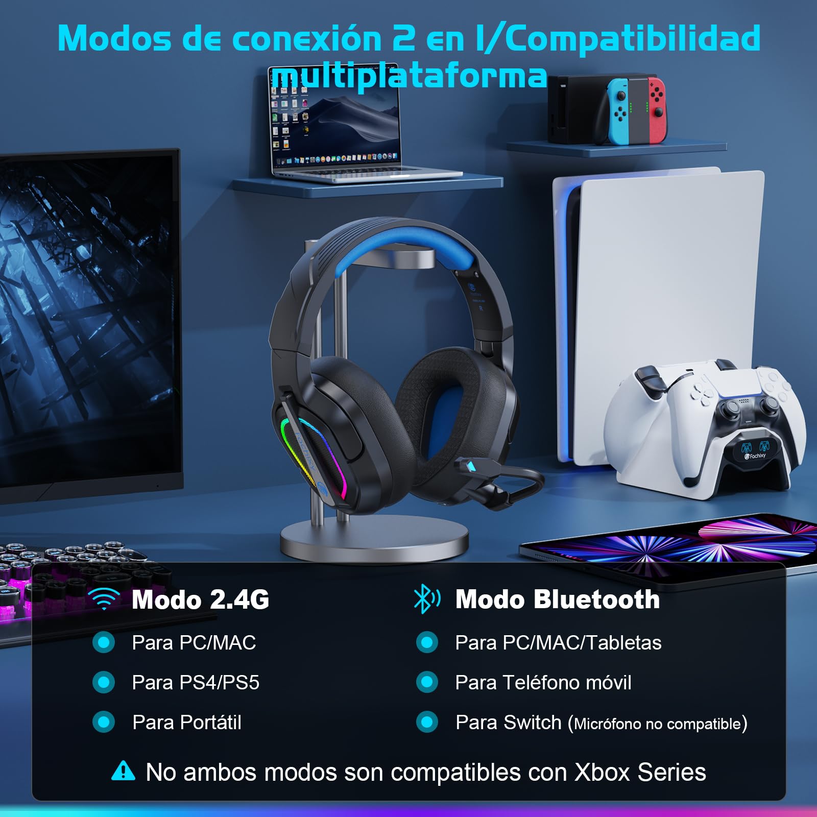Fachixy「2025 Nuevo」FC200 Cascos Gaming Inalámbricos para PC, PS5, PS4, Auriculares Gaming Inalámbricos de 2,4GHz Wireless+Bluetooth - Baja Latencia, Duración 40Hr+, Luces RGB (Azul-Negro)