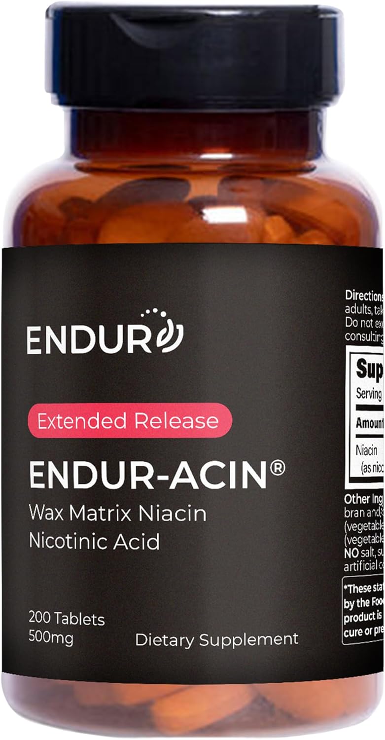 ENDUR-ACIN - Niacin B3 - ER (Extended Release) 500 mg - Nicotinic Acid - Healthy Heart & Cholesterol Balance Supplement - Low-Flush High-Potency Niacin with 4–8 HR Timed-Release Matrix - 200 Tablets