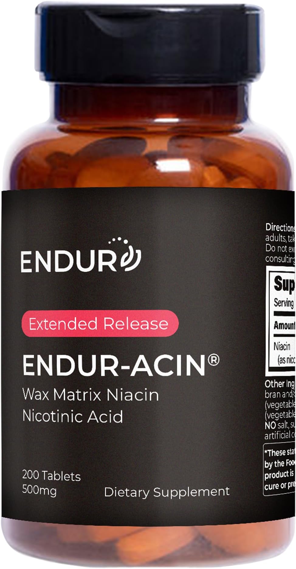 - ENDUR-ACIN - Niacin B3 - ER (Extended Release) 500 mg - Nicotinic Acid - Healthy Heart & Cholesterol Balance Supplement - Low-Flush High-Potency Niacin with 4–8 HR Timed-Release Matrix - 200 Tablets