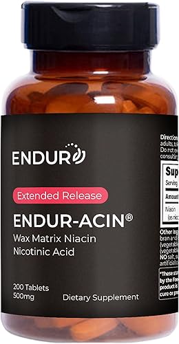 ENDUR-ACIN Niacina - Vitamina B3 niacina 500 mg de liberación prolongada y bajo enjuage 200 comprimidos - Apoya el equilibrio del colesterol y la