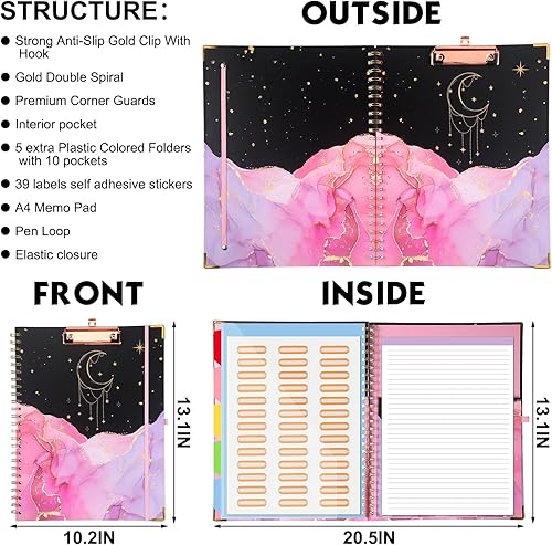 Miniatura 2 de Pasimy Portapapeles en espiral con bloc de notas forrado recargable, portapapeles de almacenamiento de mármol rosa, portapapeles de tapa dura con 5