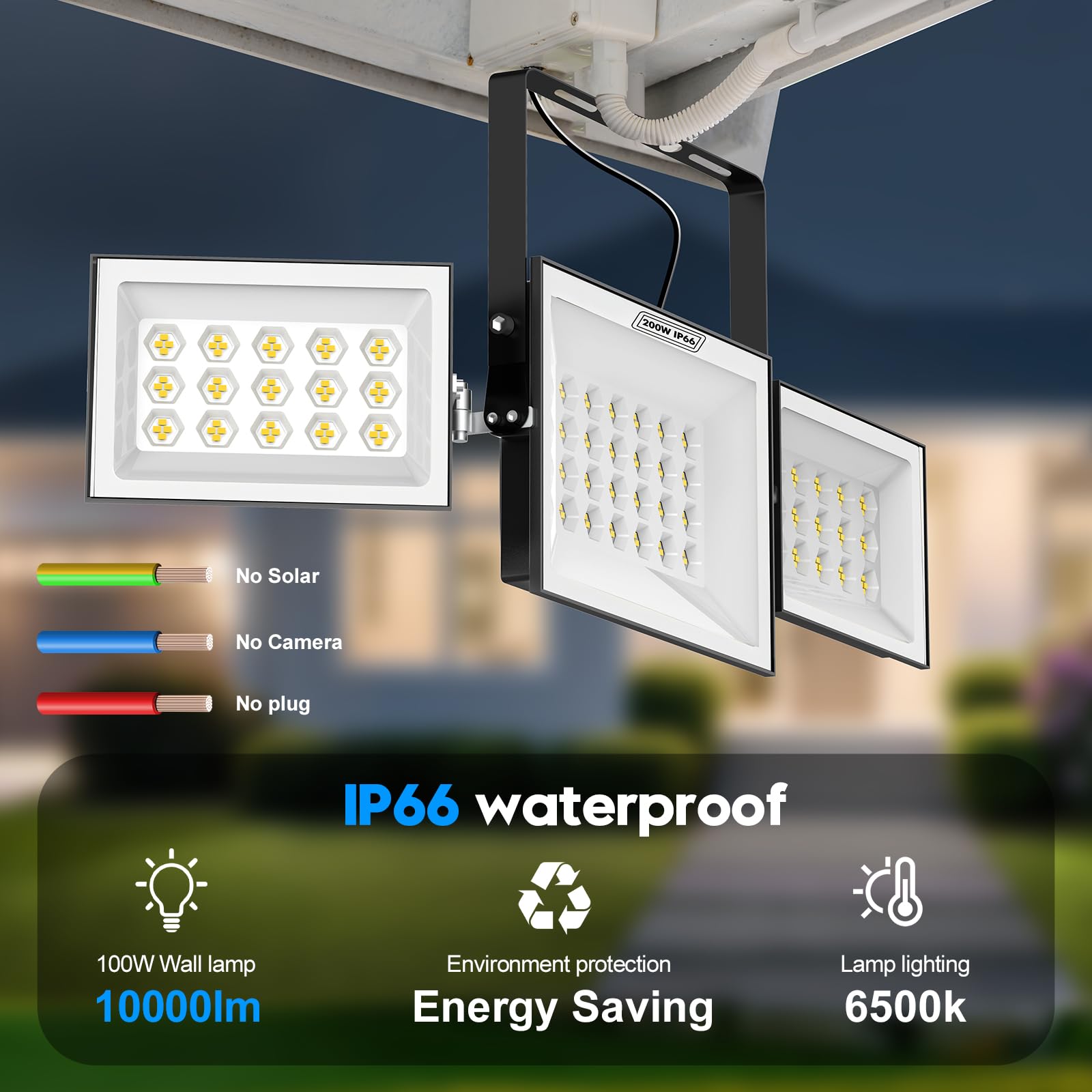 Ankishi 100W LED Floodlights Outdoor, 3 Adjustable Heads Security Lights, IP66 Super Bright Lights LED 10000LM Light - Image 3