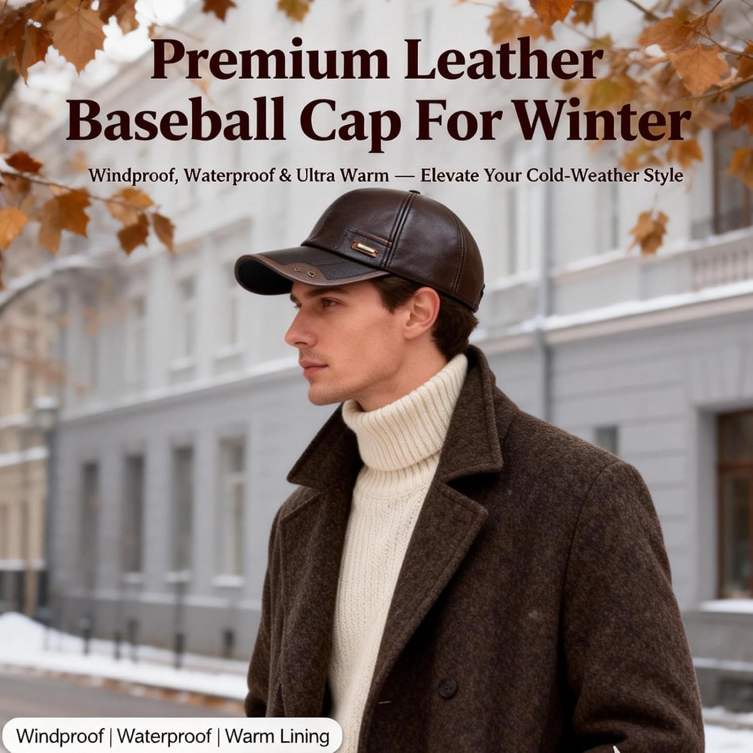 Warm Leather Baseball Cap for Men, Waterproof Winter Hat with Fleece Lining, Windproof Outdoor Dad Hat - Image 2
