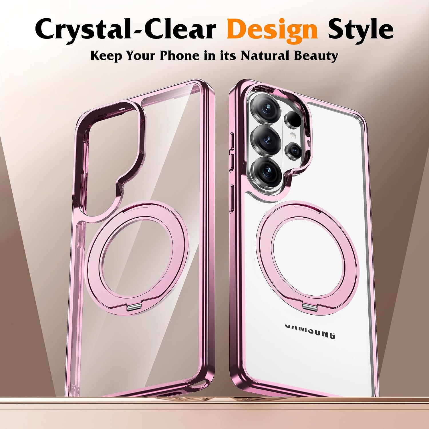 Compatible with Clear Samsung Galaxy S26 Ultra Case with 360° Invisible Magnetic Ring Stand [Compatible with Mag-Safe] Shockproof Plating Phone Case for S26 Ultra 6.9",Rose Gold