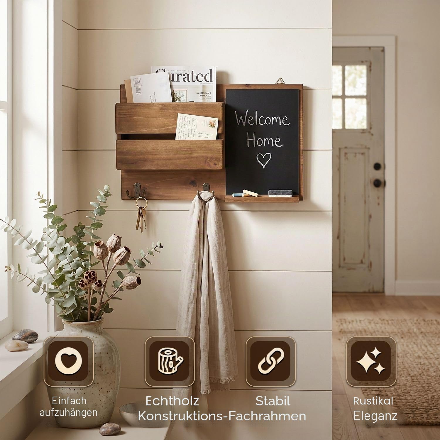 Flexzion Rustikale Holz-Wand-Organizer für den Eingangsbereich, wandmontierter Mudroom-Aufbewahrungs-Organizer mit Kreidetafel/Memoboard & Schlüsselhaken/f Möbel-Accessoire für Haustür und