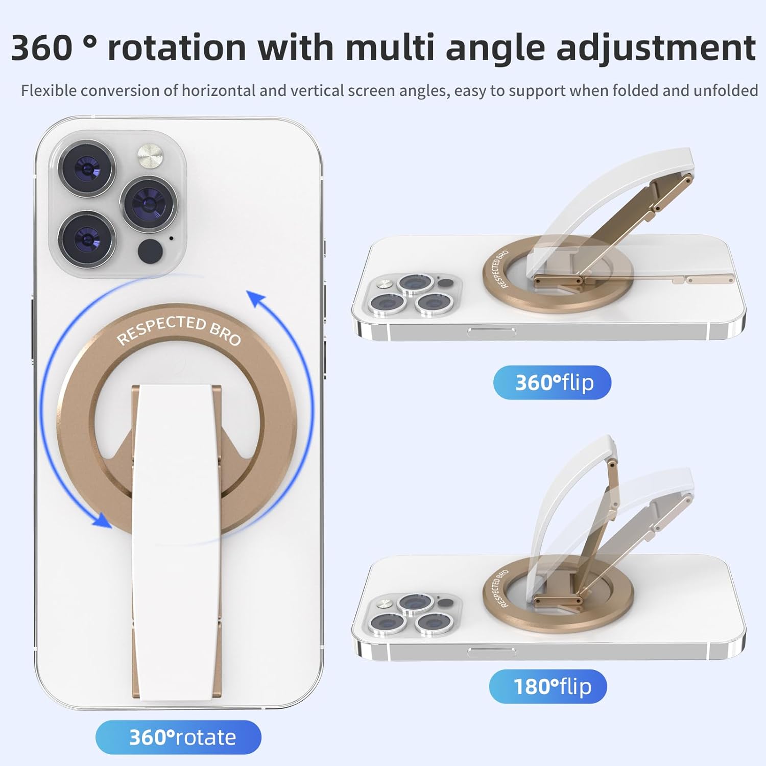 RESPECTED-BRO-Magnetic-Phone-Grip-Stand, Magnetic Phone Ring Holder Kickstand with Silicone Finger Strap, Compatibility for iPhone 17/16/15/14/13/12, Android, and More (White)