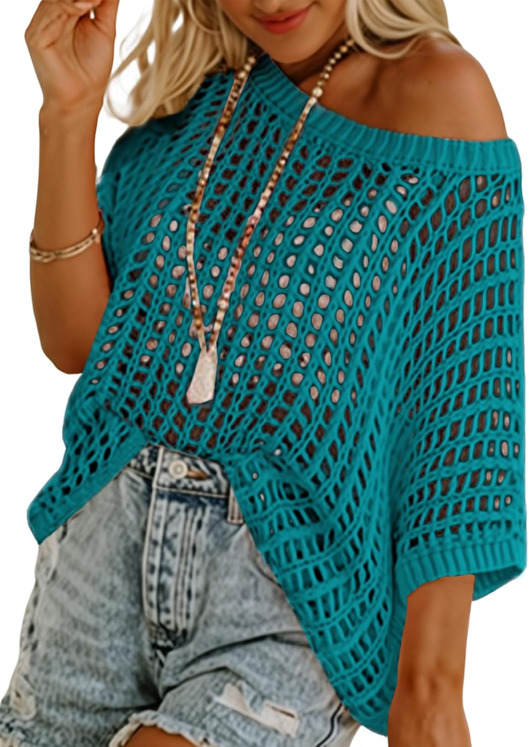 Dokotoo Womens Summer Scoop Neck Short Sleeve Sweater Casual Crochet Hollow Out Knit Tops Pullover Shirts Beach Coverup