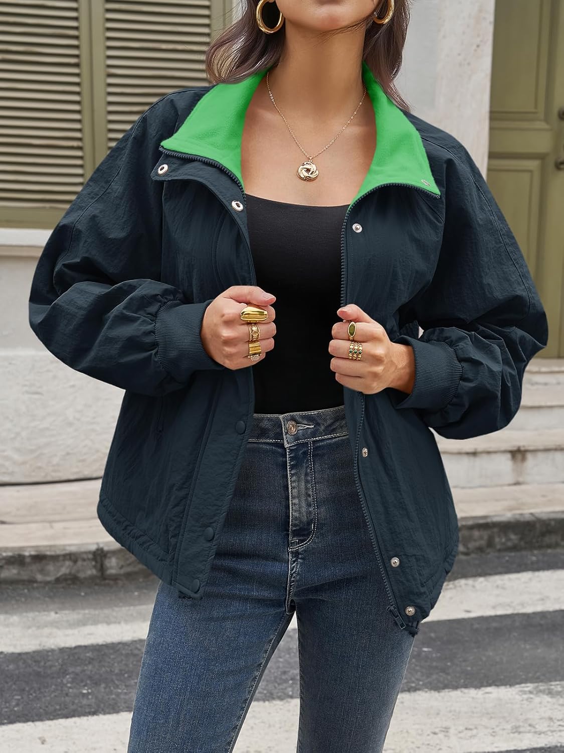 Tankaneo Womens Fleece Lined Cropped Jackets Full Zip Oversized Casual Coats Winter Warm Outerwear Overcoats - Image 2