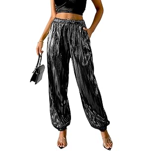 Fakanhui Womens Metallic Jogger Pants Sequin Gold Silver Casual Dress Evening Party Clubwear Trouser