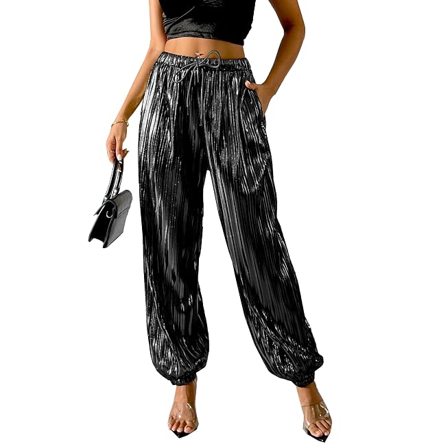 Fakanhui Womens Metallic Jogger Pants Sequin Gold Silver Casual Dress Evening Party Clubwear Trouser