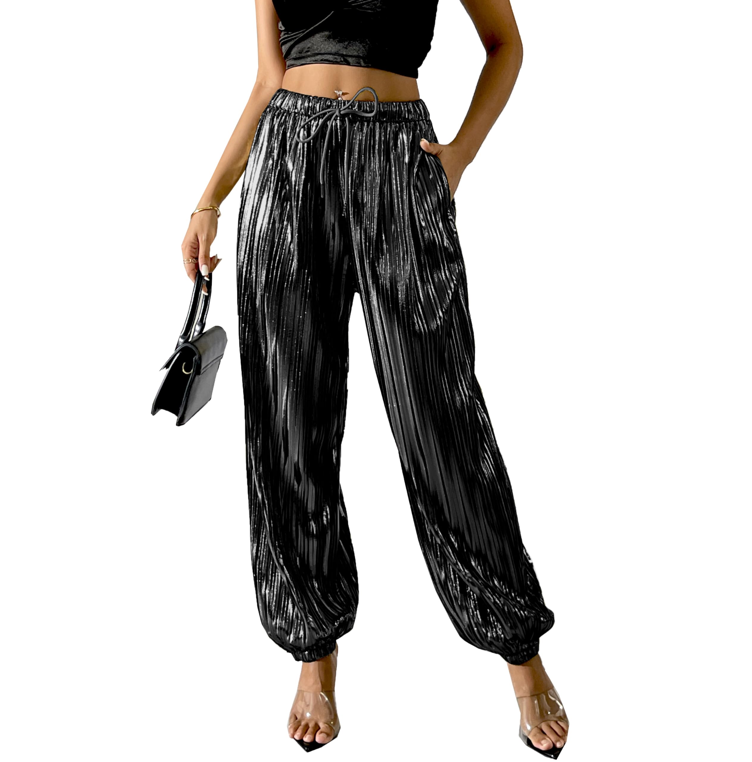 Fakanhui Womens Metallic Jogger Pants Sequin Gold Silver Casual Dress Evening Party Clubwear Trouser