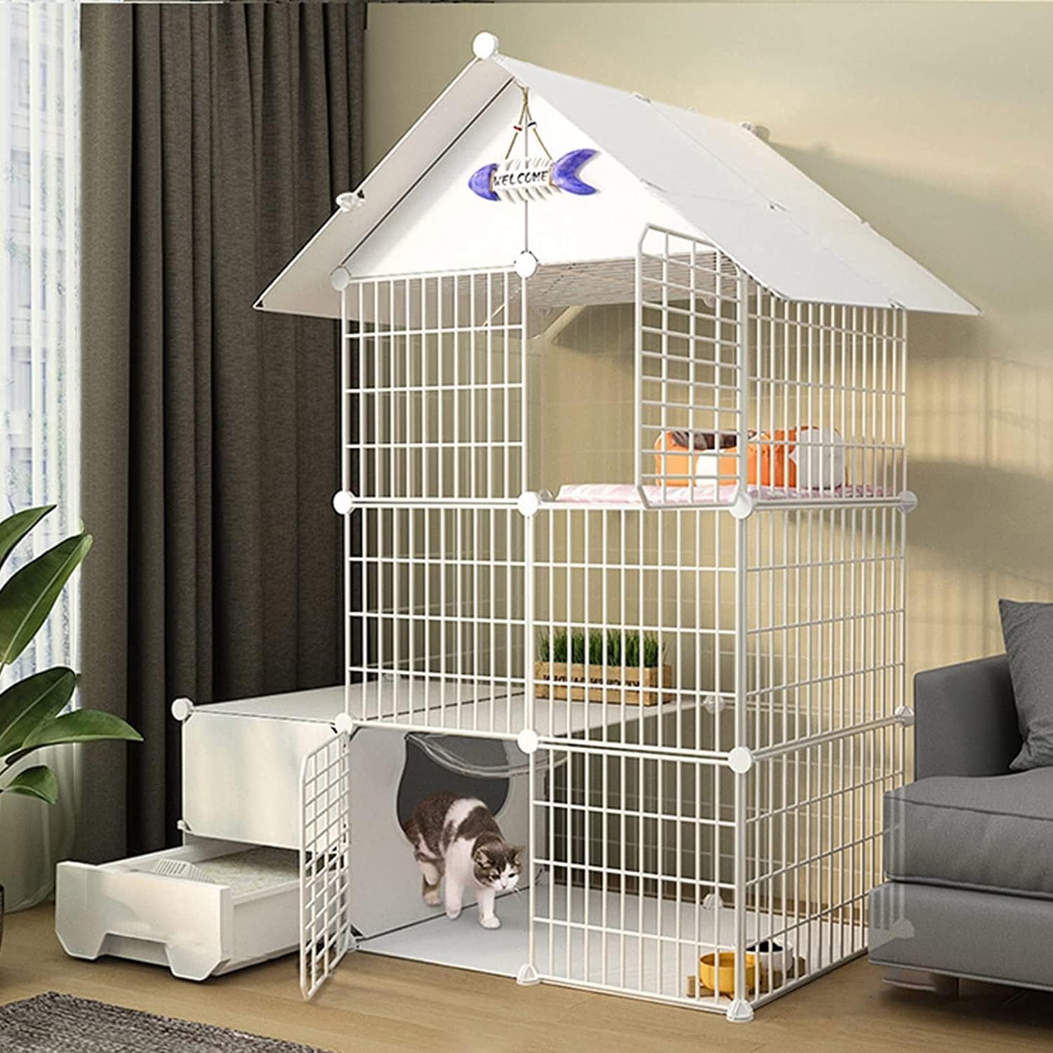 Grande cage d'intérieur pour chat avec bac intégré et portes d'accès